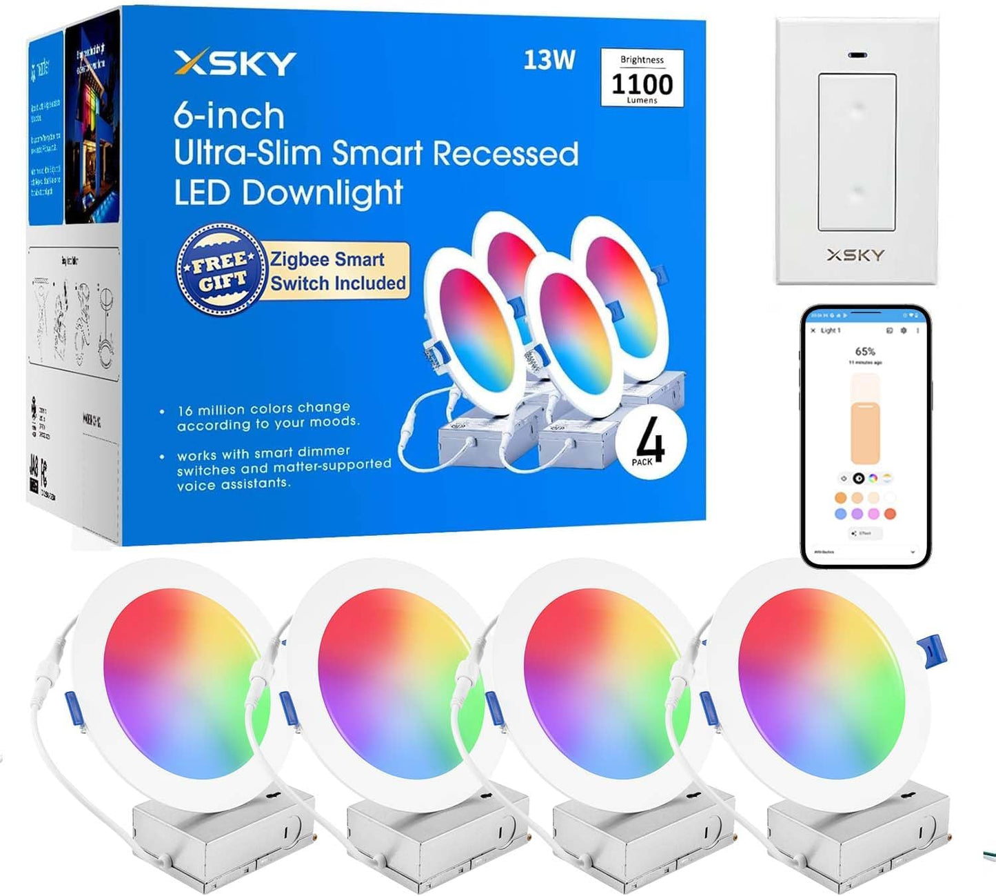 Xsky Smart Recessed Zigbee 3.0 Lighting 6 inch and 4 inch RGBCW Downlight. Work with Home Assistant,Hue* Bridge, 13W 1100LM, Dimmer Switch Include, 4 Pack