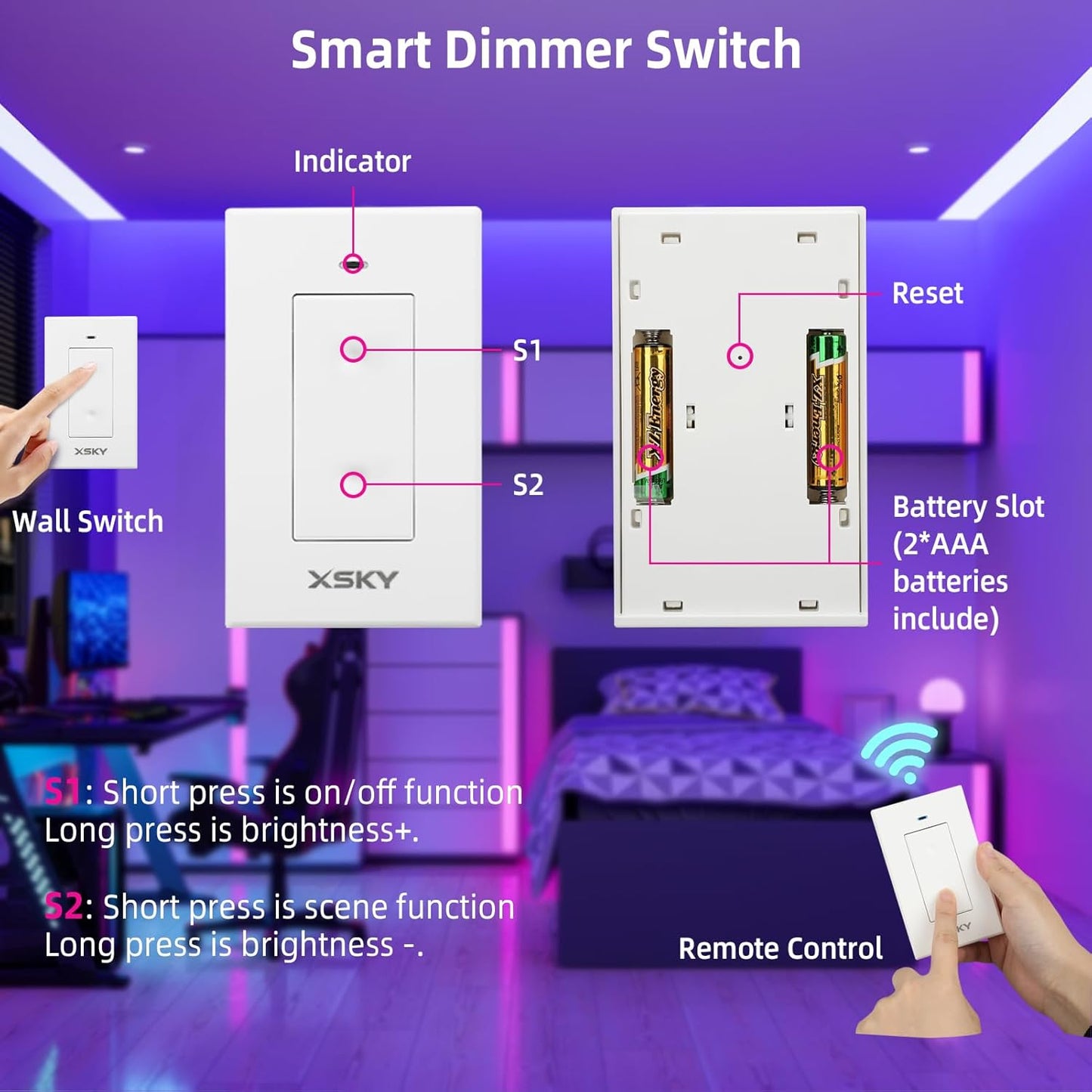 Xsky Smart Dimmer Switch-Standard Zigbee 3.0 Switch, No Installation Required, Attach Anywhere on the Wall