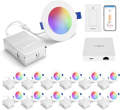 Xsky Smart Recessed Lighting 6 inch and 4 inch Color Changing Zigbee 3.0 Matter Light, Dimmable Downlight, Dimmer Switch, 12 Pack