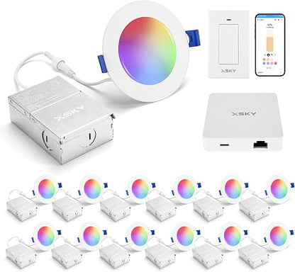 Xsky Smart Recessed Lighting 6 inch and 4 inch Color Changing Zigbee 3.0 Matter Light, Dimmable Downlight, Dimmer Switch, 12 Pack